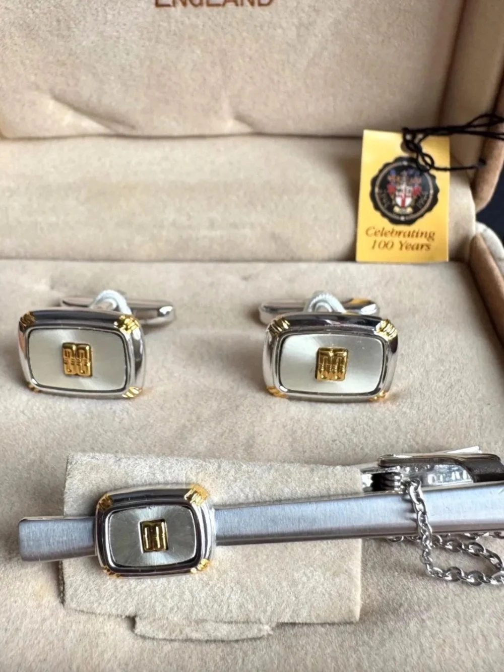 Vintage DAKS England Cufflinks Tie Clip Set Two Tone w/ Box Centennial Mens Gift